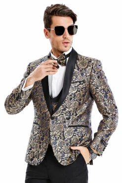 "Men's Navy& Gold Paisley Shawl Tuxedo - One Button Vested Prom 2025 & Wedding Suit"
