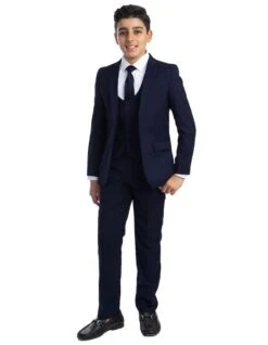 3 Piece Suit - Navy Blue Three Piece Suit - Boys Perry Ellis 2 Button Vested Wedding Suit In Navy Blue