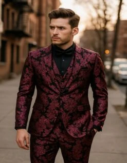 Men’s Black And Deep Pink Floral Tuxedo Suit – Slim Fit 2 Piece Formal Set With Matching Bow Tie