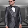 Mens One Button Satin Trim Notch Prom Tuxedo In Shiny Grey Sharkskin