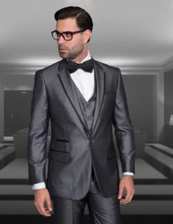 Mens One Button Satin Trim Notch Prom Tuxedo In Shiny Grey Sharkskin