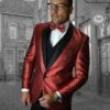 Mens Vested One Button Shawl Tuxedo In Geometric Chain Print In Red -Alberto Nardoni Shop 16 16