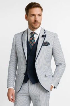 Men's White And Navy Pinstripe Suit With Contrast Trim – 3-Piece Seersucker Style Set For Weddings And Summer Events -Alberto Nardoni Shop 1 1ba16620 5cd2 4291 a7fe eed973cbccb5