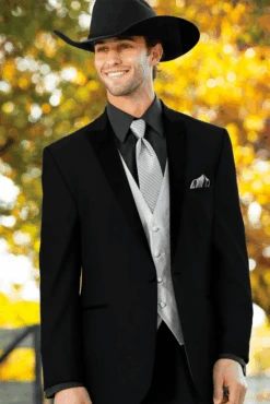 Men 2 Button Trim Cowboy In Black Cowboy Suit - Country Wedding Suits