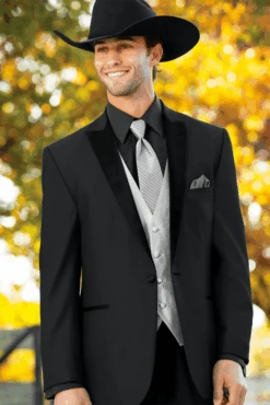 Men 2 Button Trim Cowboy In Black Cowboy Suit - Country Besom Pockets Wedding Suits