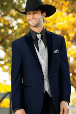 Men 2 Button Trim Cowboy In Navy Cowboy Suit - Country Wedding Suits