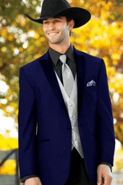 Men 2 Button Trim Cowboy In Royal Blue Cowboy Suit - Country Wedding Suits