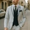Men's White And Navy Pinstripe Suit With Contrast Trim – 3-Piece Seersucker Style Set For Weddings And Summer Events -Alberto Nardoni Shop 3 Piece Seersucker Style Set for Weddings and Summer Events