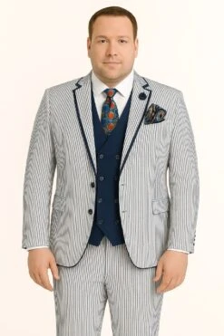 Men's White And Navy Pinstripe Suit With Contrast Trim – 3-Piece Seersucker Style Set For Weddings And Summer Events -Alberto Nardoni Shop 4 64073523 3dc7 44b8 a6a9 518f05101ce1