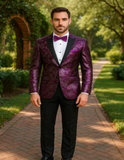 Men's Pinkish ~ Purple Paisley Tuxedo Jacket With Black Satin Lapel – Formal Prom And Wedding Blazer In Meganta Color -Alberto Nardoni Shop 4 7 1