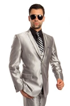 "Sharkskin Silver Grey Men's Two-Button Vested Wedding & Prom 2025 Suit"