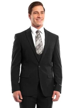 "Black Men's Wedding & Prom 2025 Suit - One Button Peak Lapel Skinny With Lowcut Vest"