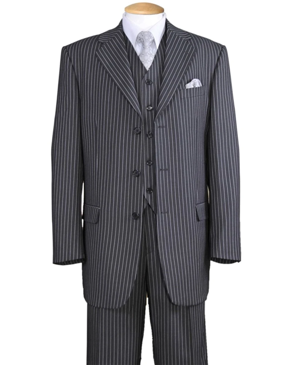 Gangster Suit - Mobster Suit - Mafia Suit For Mens 3 Button Notch Lapel Bold Pinstripe Gangster Suit In Grey 1 Gangster Suit - Mobster Suit - Mafia Suit For Mens 3 Button Notch Lapel Bold Pinstripe Gangster Suit In Grey