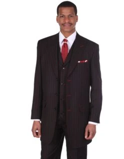 Gangster Suit - Mobster Suit - Mafia Suit For Mens 3 Button Peak Lapel Bold Pinstripe Gangster Suit In Black & Red