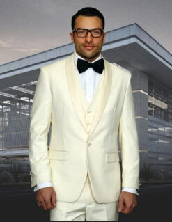 Mens Wool One Button Modern Fit Vested Shawl Prom Tuxedo In Ivory