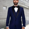 Mens Wool One Button Modern Fit Vested Shawl Prom Tuxedo In Sapphire Blue