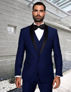 Mens Wool One Button Modern Fit Vested Shawl Prom Tuxedo In Sapphire Blue