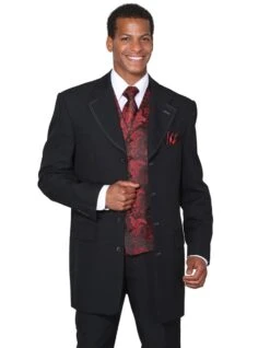 Mens 4 Button Wide Notch Lapel Fashion Zoot Suit In Black & Red