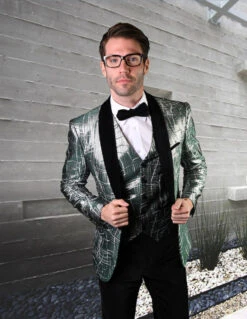 Mens One Button Organic Print Shiny Prom Tuxedo In Green