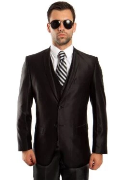 "Black Sharkskin Men's Wedding & Prom 2025 Suit - Two Button Vested Fashion"