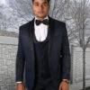 Mens One Button Shawl Lapel Vested Prom Tuxedo In Navy Paisley
