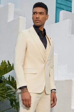 "Sharkskin Slim Fit Wedding Suit: Men's Double Breasted Vest In Tan"