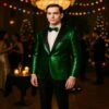 Men's Green Sequin Tuxedo Jacket With Black Satin Lapel And Bow Tie – Sparkling Party And Stage Blazer By Alberto Nardoni -Alberto Nardoni Shop AMen sGreenByAlbertoNardoni