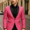 Men’s Hot Pink Tuxedo Suit With Black Pants Paisley Patter With Black Shawl Lapel - Fuchsia Color Prom Suit -Alberto Nardoni Shop AMen sHotPinkPaisleyTuxedo 1