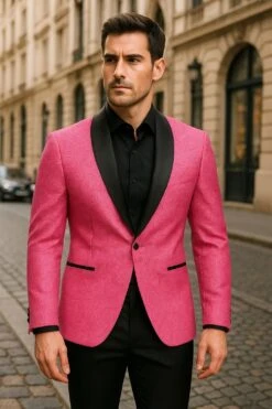 Men’s Hot Pink Paisley Tuxedo Blazer With Black Shawl Lapel Fuchsia Color Dinner Jacket Perfect For Prom