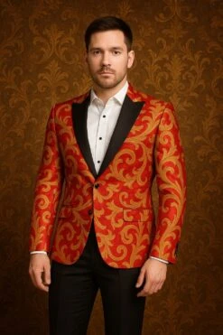 Men's Red And Gold Baroque Tuxedo Jacket With Black Satin Shawl Lapel