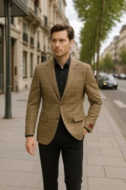 Men's Tan Plaid Blazer – Windowpane Checkered Taupe Colar With Conservative Burgunsih Pattern Mix Perfect For Business