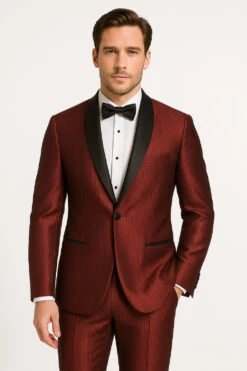 Men's Burgundy Shiny Tuxedo With Black Satin Shawl Lapel – Ultra Slim Fit Party & Prom Suit
