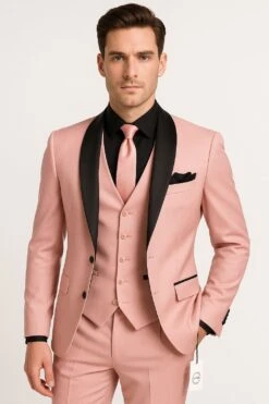 Men's Light Pink 3-Piece Tuxedo Suit With Black Satin Shawl Lapel – Formal Wear - Ultra Slim Fitted In Blush Color