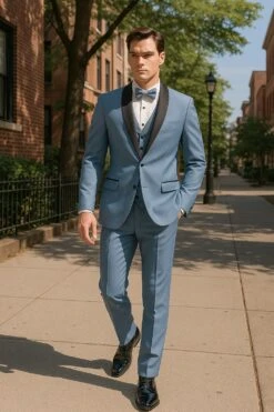 Sky Blue Tuxedo With Black Shawl Lapel Slim Fit Prom And Wedding Suit In Baby Blue Color - Light Blue