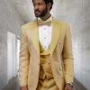 Men's Gold Floral Brocade Three-Piece Tuxedo With Vest And Bow Tie