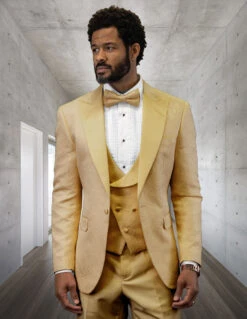 Men's Gold Floral Brocade Three-Piece Tuxedo With Vest And Bow Tie