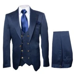 Rossi Man BOND RM1752 Slim Fit 3-Piece Navy Suit – 1-Button Peak Lapel, Double-Breasted Vest & Flat Front Pants