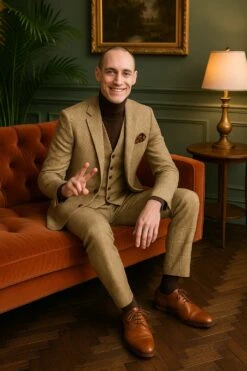 Mens Beige Plaid 3-Piece Suit – Classic Checkered Suit For Weddings, Church Vested Checkered Pattern -Alberto Nardoni Shop Beige Plaid 3 Piece Suit