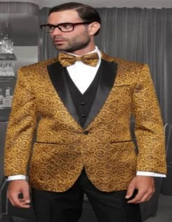 Big And Tall Size Tuxedo Dinner Jacket - Paisley Fabric Blazer In Color Gold