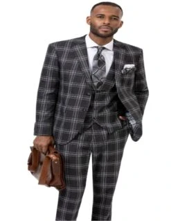 Black Windowpane Pane Suit - Mens Vested 3 Piece Suit - Gangster 1920s Style