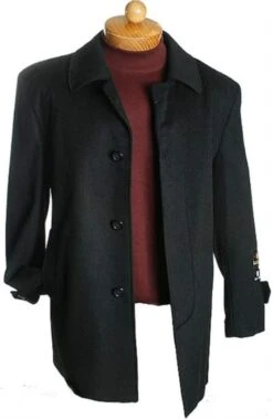 Mens Black Overcoat - 3 Quarter Dark Color Black Wool Fabric Jacket - Men's Overcoat