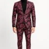 Mens Black And Pink Floral Tuxedo Suit – Magento Fucia Plumish Color Slim Fit 2 Piece Embroidered Outfit For Weddings, Prom And Formal Events