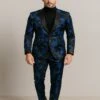 Mens Black And Royal Blue Floral Tuxedo Suit – Slim Fit 2 Piece Velvet Embroidered Outfit For Weddings, Prom, And Formal Events