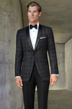 Mens Black Plaid Tuxedo Jacket Slim Fit Black With Grey Plaid Pattern Tuxedo