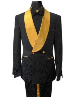 Mens Double Breasted Black Paisley With Gold Lapel Prom Tuxedo