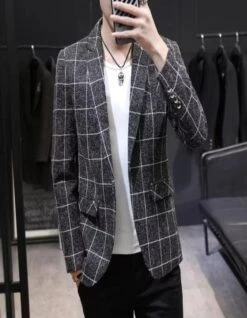 Black And White Plaid Suit Jacket - Mens Black Blazer