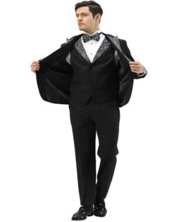 Mens One Button Rhinestone Peak Lapel Vested Prom Black Tuxedo -Alberto Nardoni Shop Black Tuxedos2