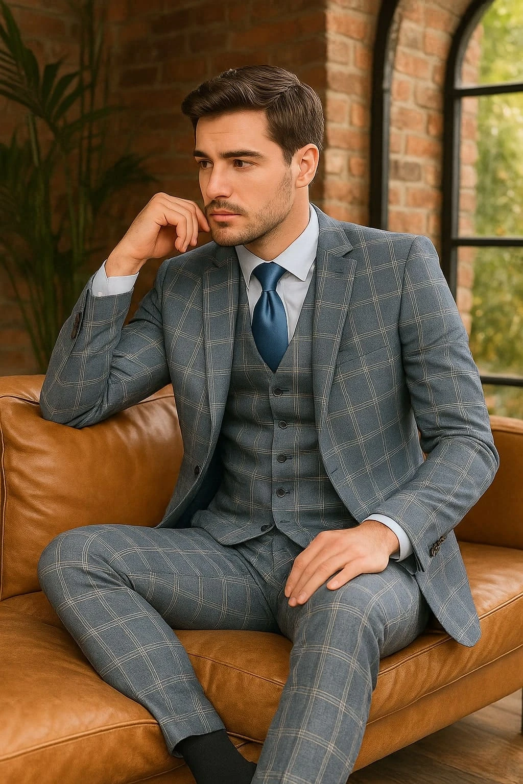 Mens Blue Windowpane Checkered Slim Fit Suit – 3 Piece Stretch Business Suit 2 Mens Blue Windowpane Checkered Slim Fit Suit – 3 Piece Stretch Business Suit - Image 2