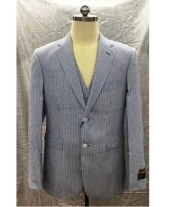 Men's Notch Label Blue Summer Seersucker Fabric Vested 3 Piece Suit