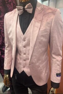 Pink Paisley Suit - Blush Color Slim Fitted Prom Suit With Bowtie Vest And Black Pants